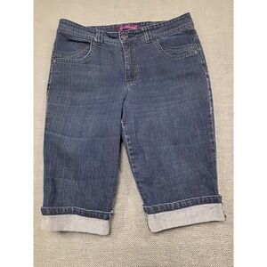 Gloria Vanderbilt Amanda Dark Indigo Denim Cuffed Capri Shorts Womens 14 Blue